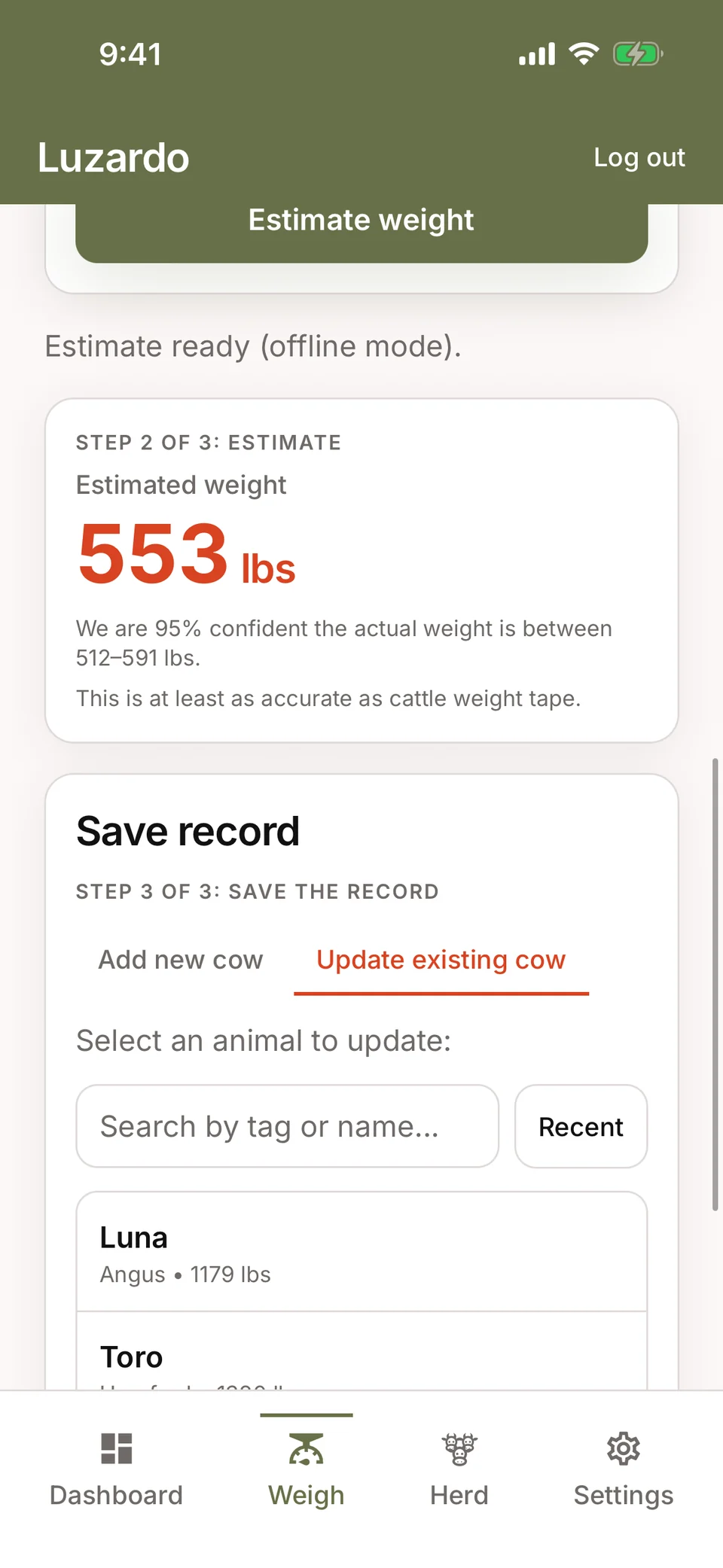 The Luzardo app showing an estimated weight of 553 lbs with a 95% confidence range, above a form saving the record against an animal in the herd